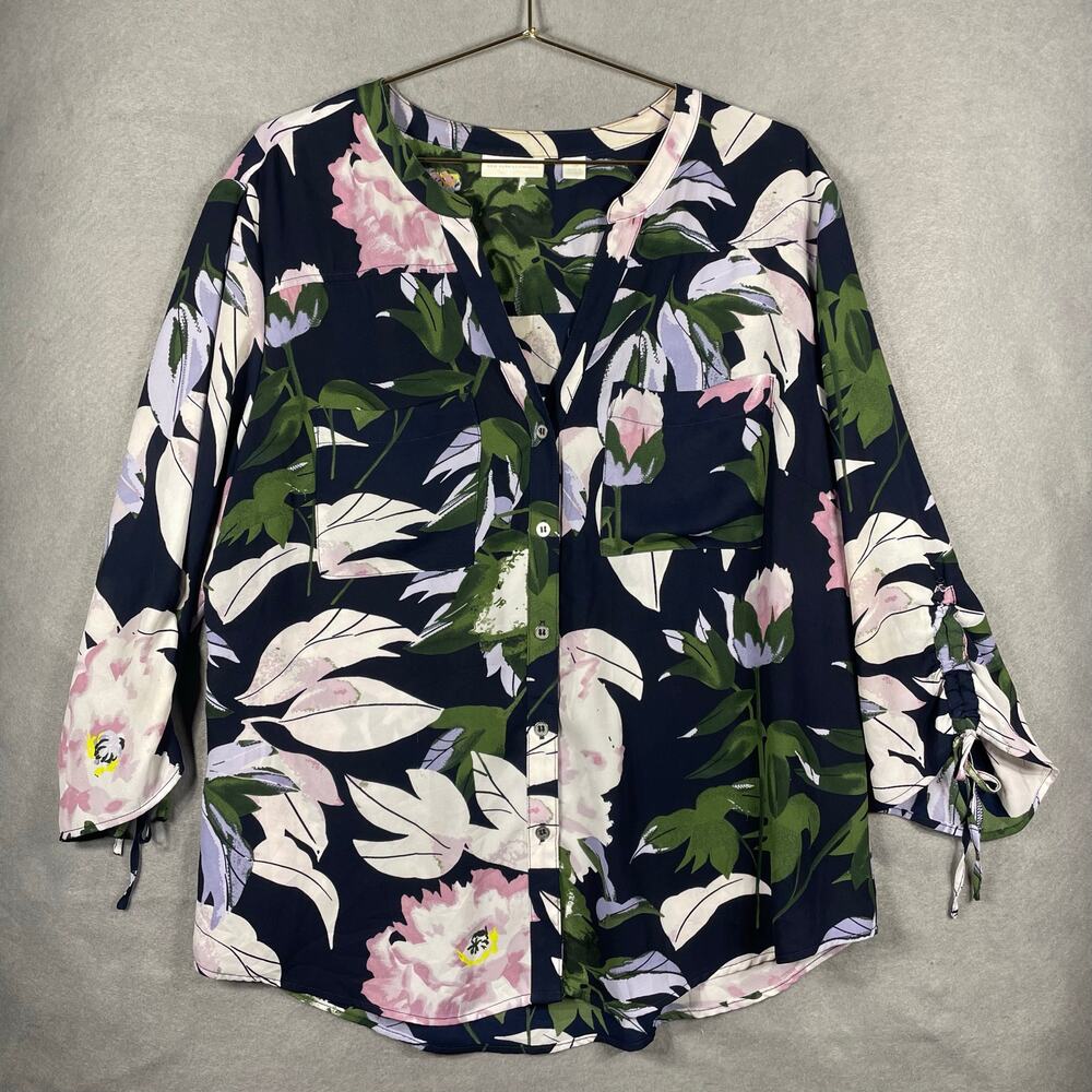 New York and Company Womens Button up Long Sleeve Floral Print Henley Blouse XL